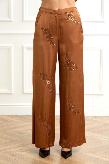 EMME MARELLA-PANTALONE RASO RICAMATO-EMRAMPA TABACCO 42