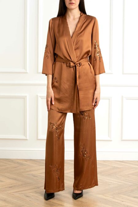 EMME MARELLA-PANTALONE RASO RICAMATO-EMRAMPA TABACCO 42