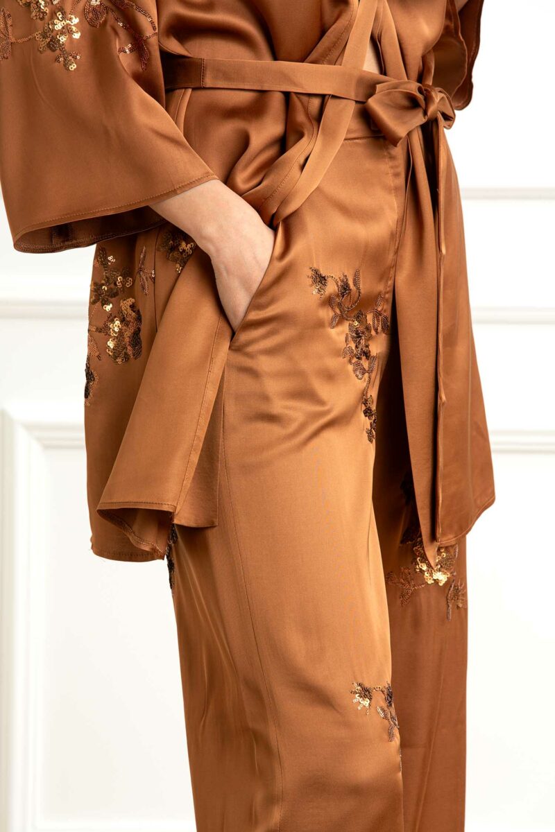 EMME MARELLA-PANTALONE RASO RICAMATO-EMRAMPA TABACCO 42